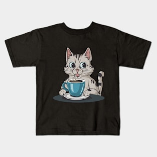 Lazy Cat Drinking Coffee Kids T-Shirt